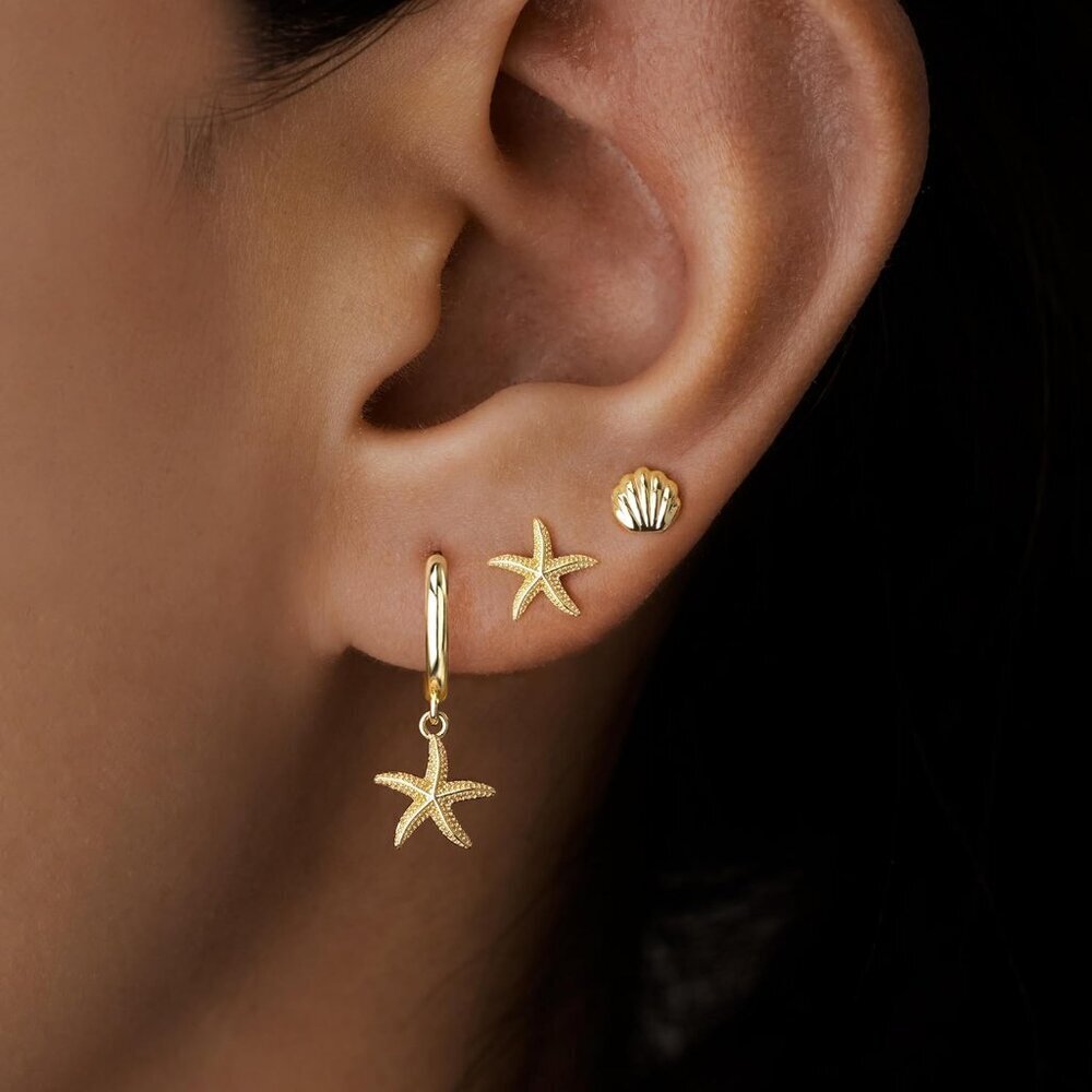 3 Pairs Gold Dangle Earrings Set for Women Seashell Starfish Cross Stud Hoop Jew - Picture 2 of 8